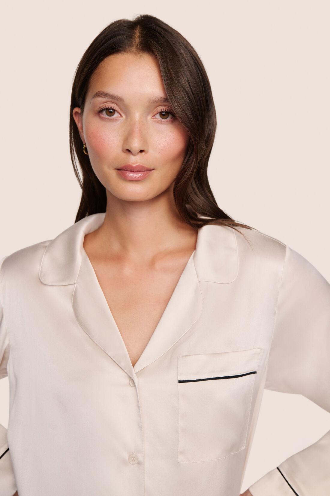 Model wearing Inez Washable Silk Long PJ Set in Heart to Silver Pink/Black