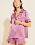 Model wears Inez Washable Silk Short PJ Set in Foxglove/Italian Rose.