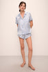 Model wears Inez Washable Silk Printed Short PJ Set in Malachite Wedgewood Blue/Ivory.