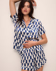 Model wears Inez Washable Silk Printed Short PJ Set in Mosaic Tile Denim Blue/Powder Blue.