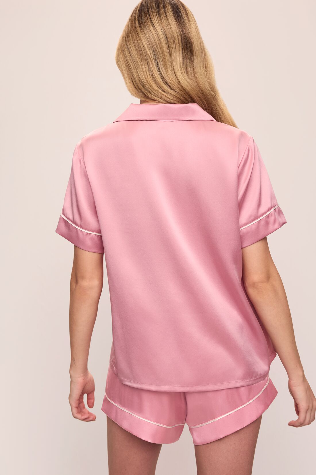 Back image of model wearing Inez Washable Silk Short PJ Set in Rose Quartz/Ivory