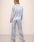 Model wears Inez Washable Silk Printed Long PJ Set in Malachite Wedgewood Blue/Ivory.