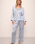 Model wears Inez Washable Silk Printed Long PJ Set in Malachite Wedgewood Blue/Ivory.