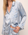 Model wears Inez Washable Silk Printed Long PJ Set in Malachite Wedgewood Blue/Ivory.