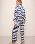 Model wears Inez Washable Silk Printed Long PJ Set in Mosaic Tile Denim/Powder Blue.