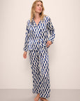 Model wears Inez Washable Silk Printed Long PJ Set in Mosaic Tile Denim/Powder Blue.