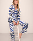 Model wears Inez Washable Silk Printed Long PJ Set in Mosaic Tile Denim/Powder Blue.