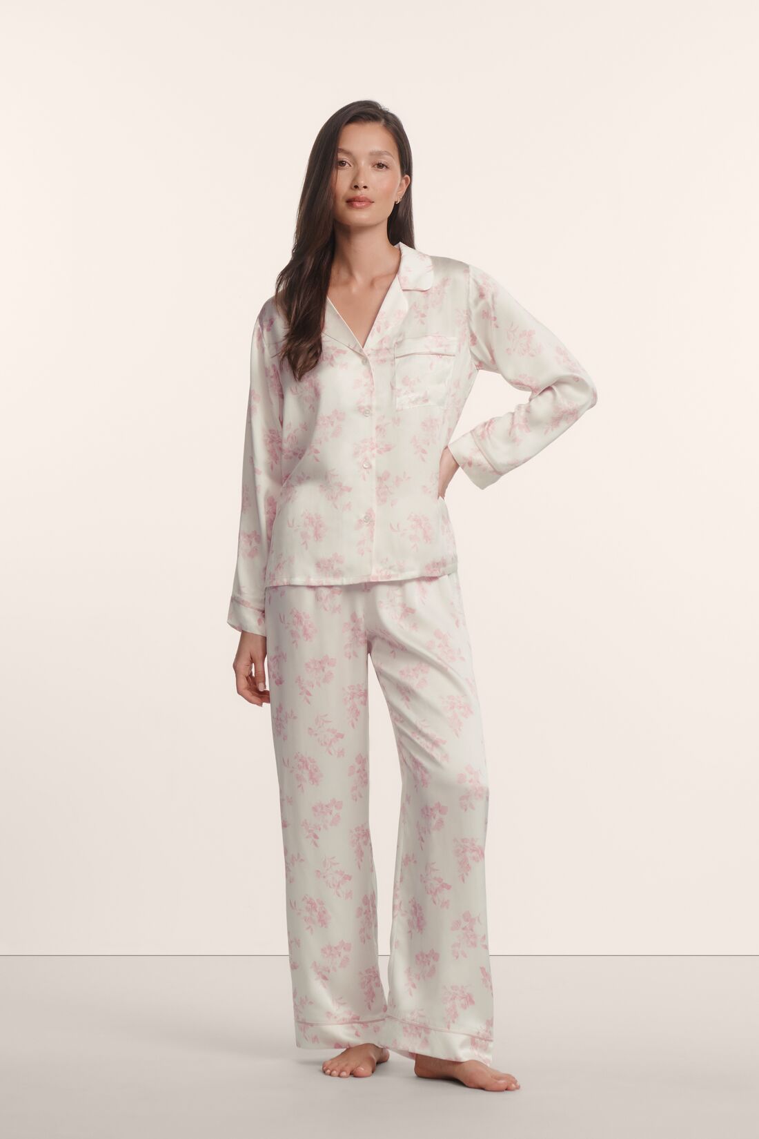 Model is wearing Inez Washable Silk Printed Long PJ Set in Rose Garden Cameo Pink/Pale Pi