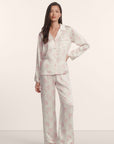 Model is wearing Inez Washable Silk Printed Long PJ Set in Rose Garden Cameo Pink/Pale Pi