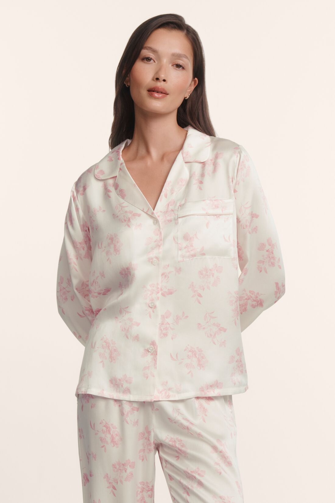 Model is wearing Inez Washable Silk Printed Long PJ Set in Rose Garden Cameo Pink/Pale Pi