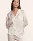 Model is wearing Inez Washable Silk Printed Long PJ Set in Rose Garden Cameo Pink/Pale Pi