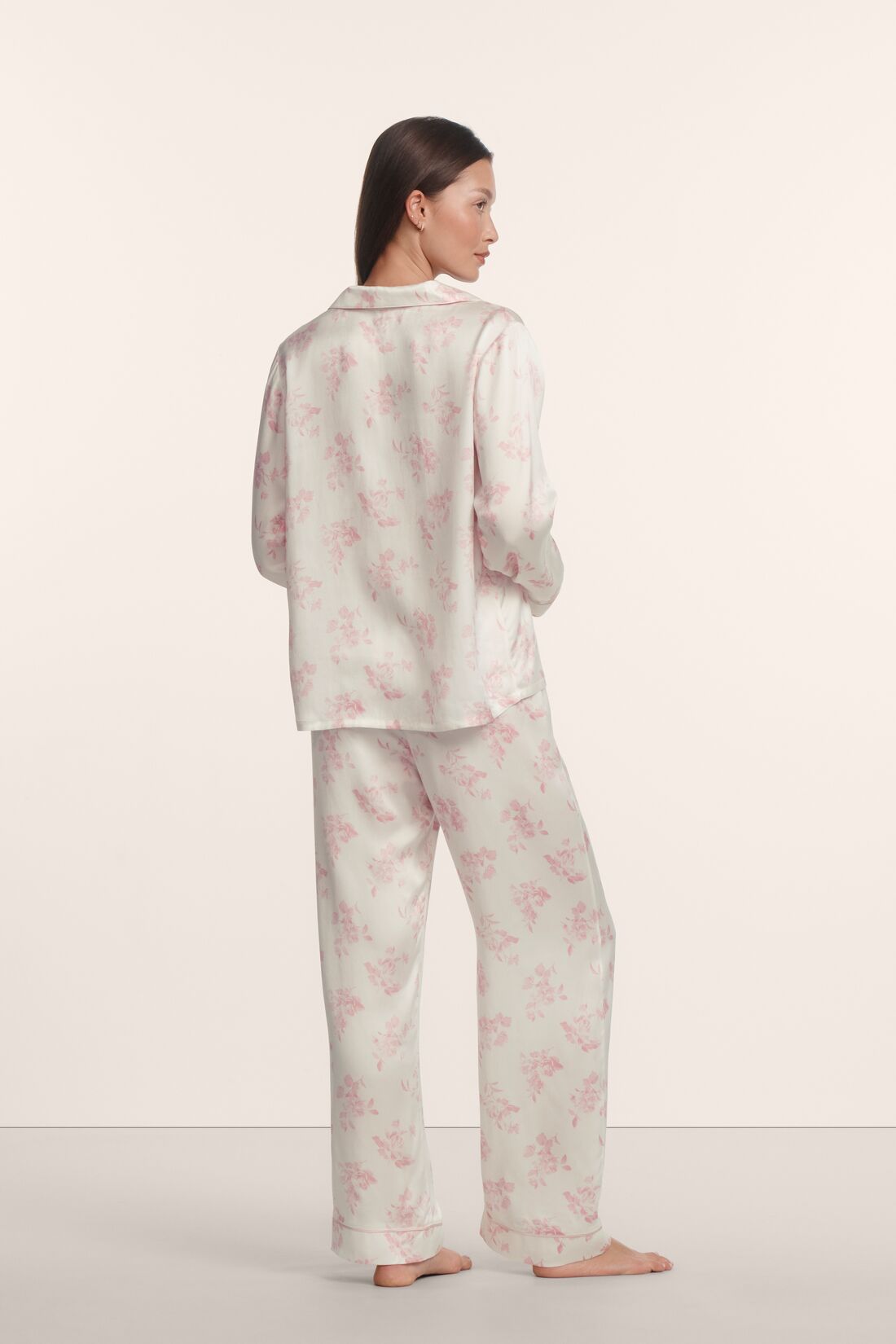 Model is wearing Inez Washable Silk Printed Long PJ Set in Rose Garden Cameo Pink/Pale Pi