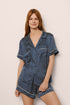 Model Is Wearing Inez Printed Short Pj Set In Petite Batik Indigo Blue