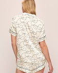 Back detail image of model wearing Inez Washable Silk Printed Short PJ Set in Scribble Ivory/Black