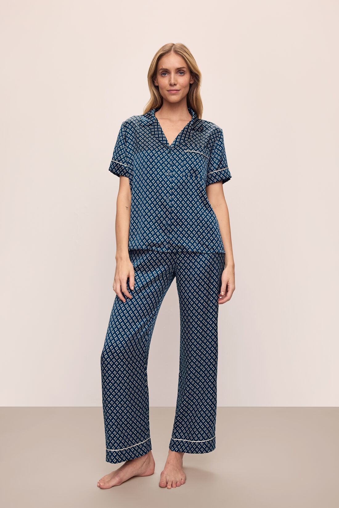 Model wears Inez Washable Silk Printed Short Sleeve Pant PJ Set in Petite Batik Indigo/Bone.