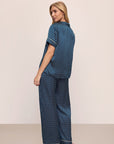 Model wears Inez Washable Silk Printed Short Sleeve Pant PJ Set in Petite Batik Indigo/Bone.