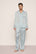 Model is wearing Charles Washable Silk Printed Long PJ Set in Waves Memorable Blue/Navy