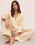 Model wearing Inez Washable Silk Printed Long PJ Set in Mink Puff