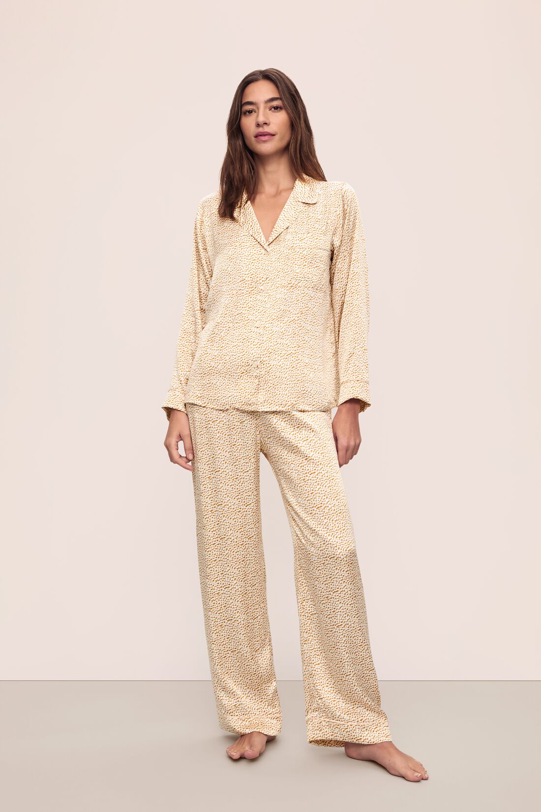 Model wearing Inez Washable Silk Printed Long PJ Set in Mink Puff