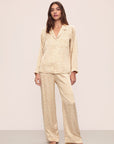 Model wearing Inez Washable Silk Printed Long PJ Set in Mink Puff