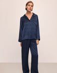 Model wears Inez Washable Silk Printed Long PJ Set in Mosaic Tile Navy/Black.