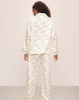 Back image of model wearing Inez Washable Silk Printed Long PJ Set in Scribble Ivory/Black