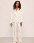 Model wearing Inez Washable Silk Printed Long PJ Set in Scribble Ivory/Black