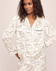 Model wearing Inez Washable Silk Printed Long PJ Set in Scribble Ivory/Black