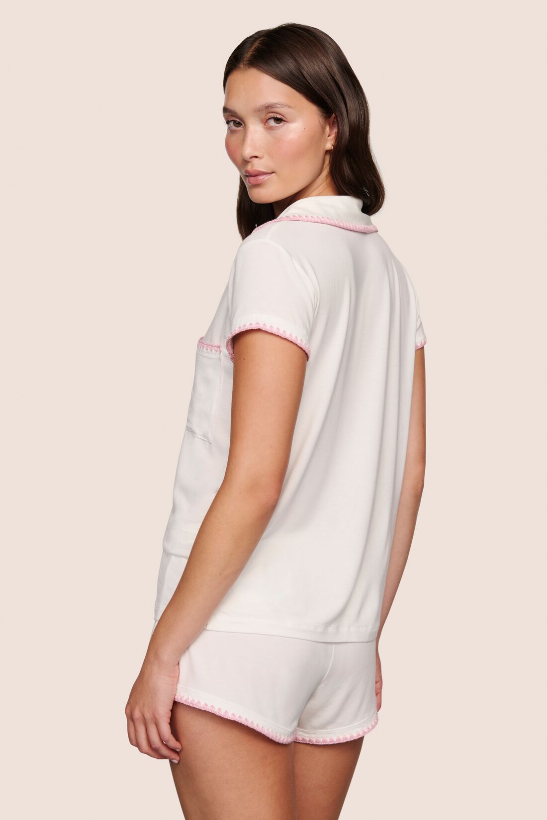 Model is wearing Frida TENCEL™ Modal Shortie Short PJ Set  in Ivory/Pink Nectar