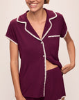 Model wears Frida TENCEL™ Modal Shortie Short PJ Set in Plum/Ivory.