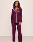 Model wears Frida TENCEL™ Modal Long PJ Set in Plum/Ivory.