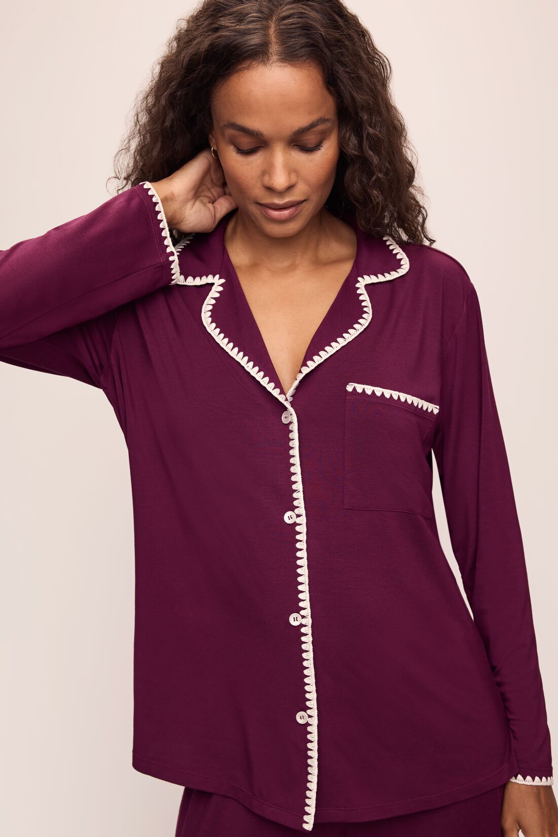 Model wears Frida TENCEL™ Modal Long PJ Set in Plum/Ivory.