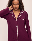 Model wears Frida TENCEL™ Modal Long PJ Set in Plum/Ivory.