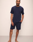 Model wears Henry TENCEL™ Modal Rib Short PJ Set in True Navy.