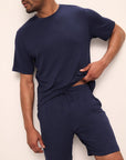 Model wears Henry TENCEL™ Modal Rib Short PJ Set in True Navy.