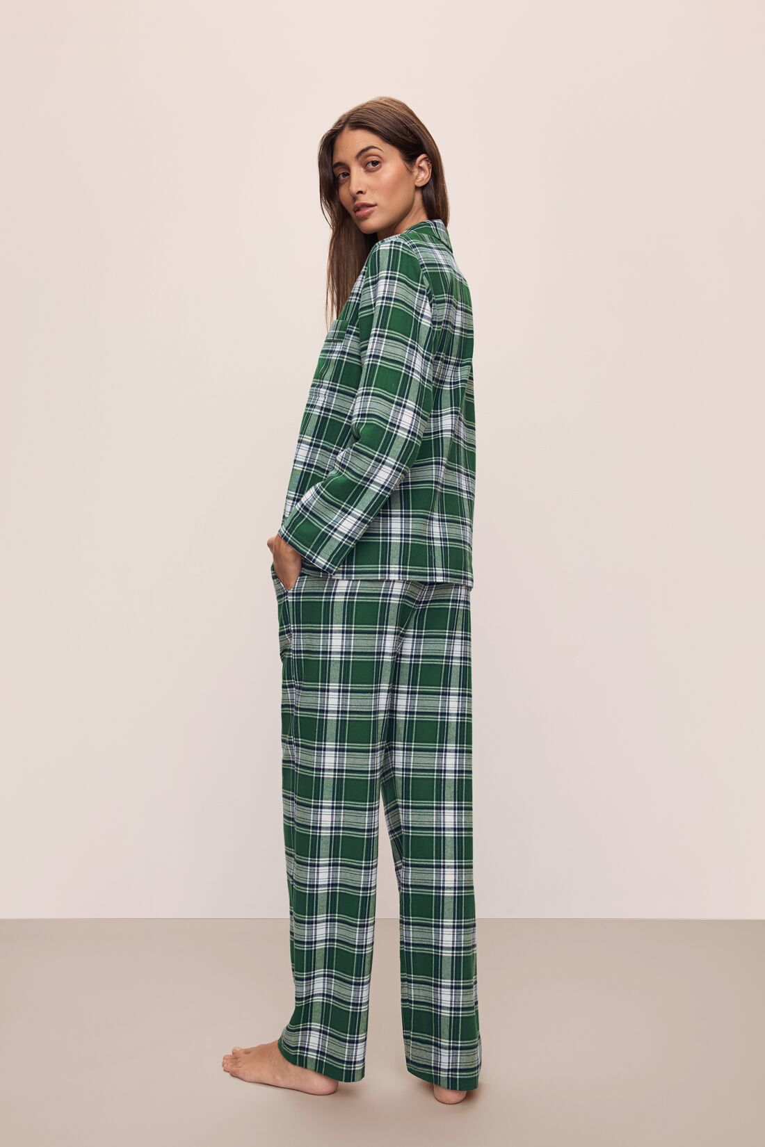 Model wears the Flannel Long PJ Set in Tartan Plaid Forest Green.