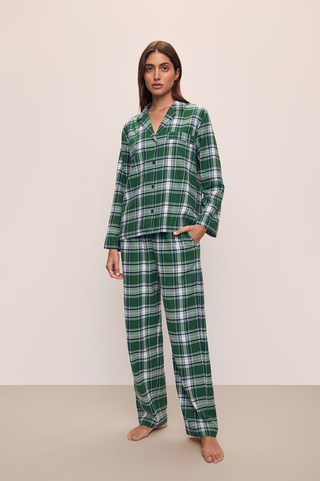 Model wears the Flannel Long PJ Set in Tartan Plaid Forest Green.