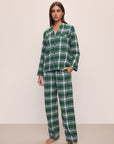 Model wears the Flannel Long PJ Set in Tartan Plaid Forest Green.