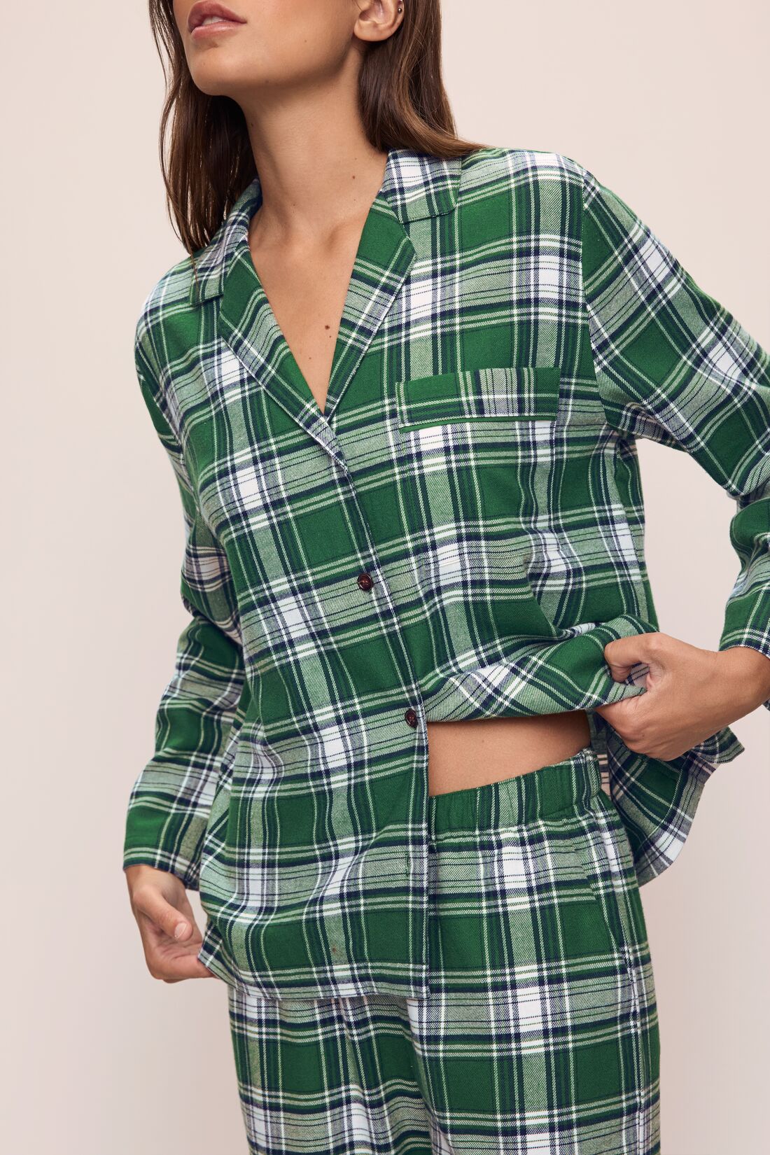 Model wears the Flannel Long PJ Set in Tartan Plaid Forest Green.