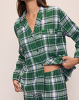 Model wears the Flannel Long PJ Set in Tartan Plaid Forest Green.