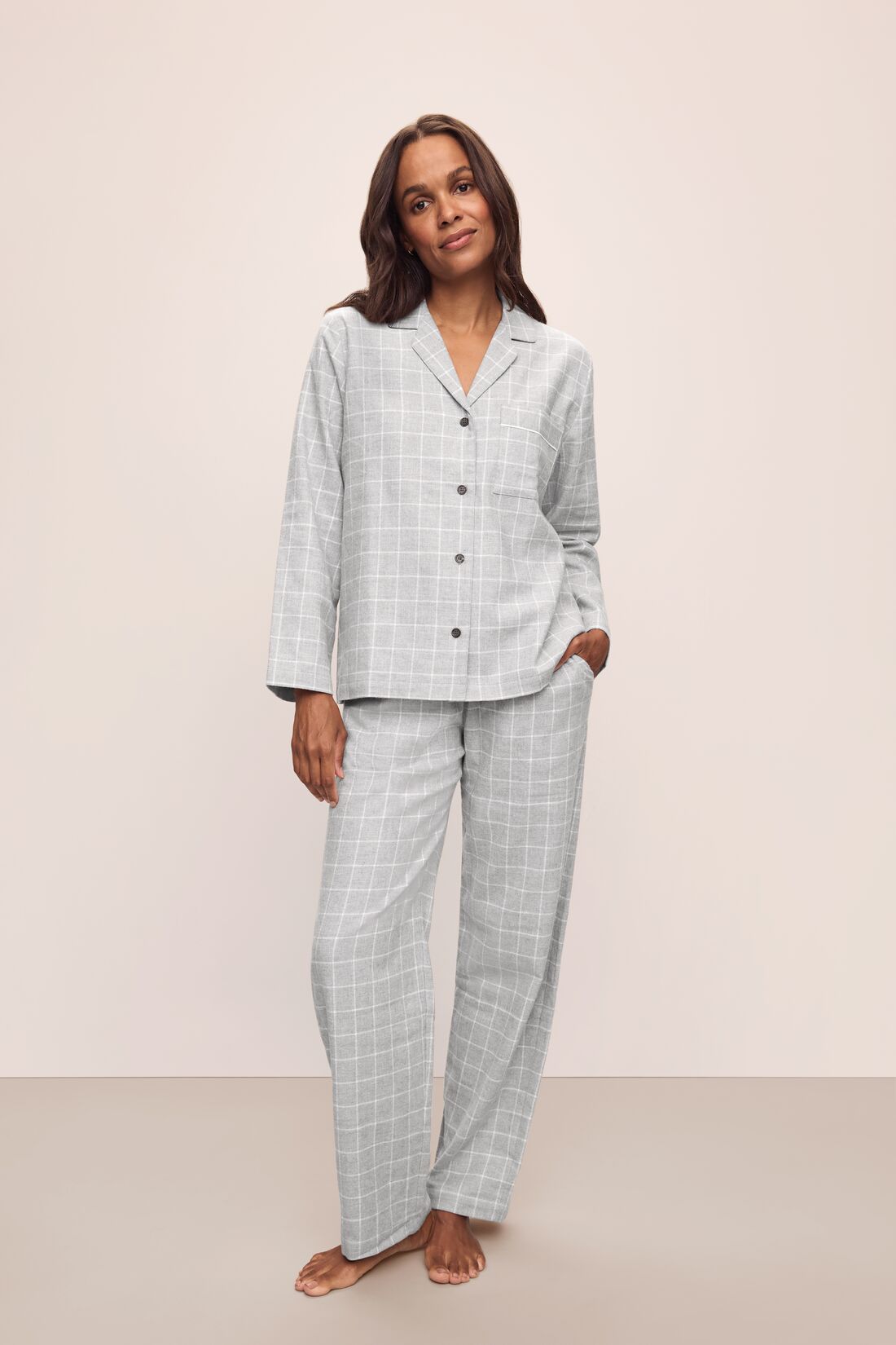 Model wears the Flannel Long PJ Set in Wintercheck Heather Grey/Ivory.