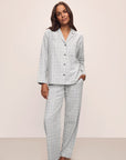 Model wears the Flannel Long PJ Set in Wintercheck Heather Grey/Ivory.