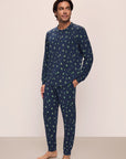 Model wears Henry Printed TENCEL™ Modal Long PJ Set in Woodland Pine Navy/Ivory.