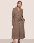 Model wearing Recycled Boucle Waffle Robe in Deep Taupe