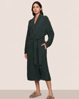 Model is wearing Recycled Boucle Robe  in Pine