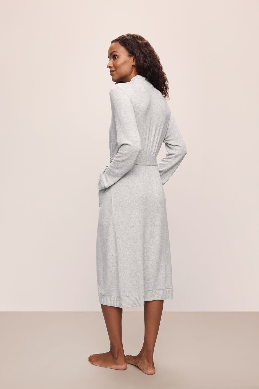 Model wears Cozy Time Robe in Lt. Heather Grey.