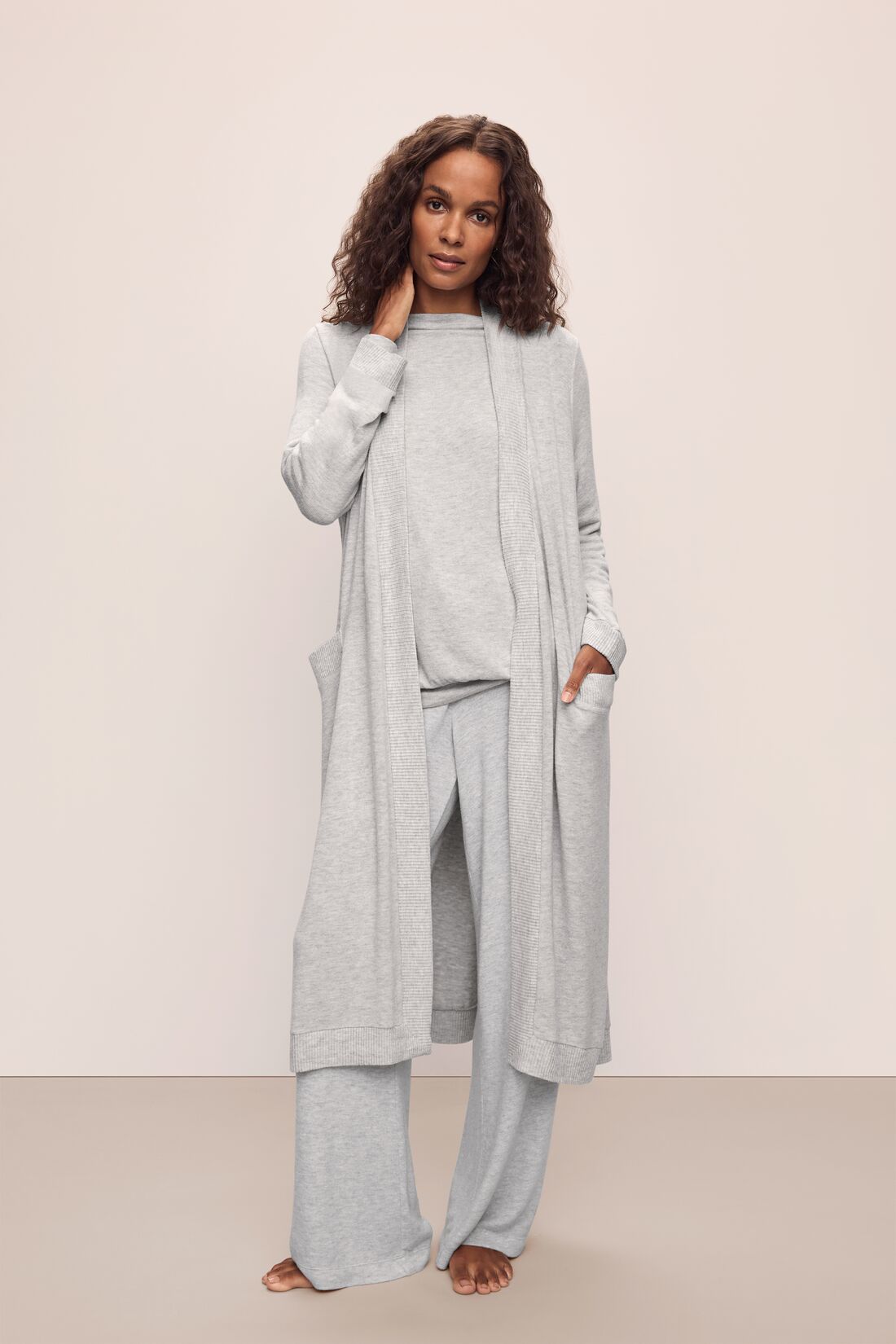 Model wears Cozy Time Robe in Lt. Heather Grey.