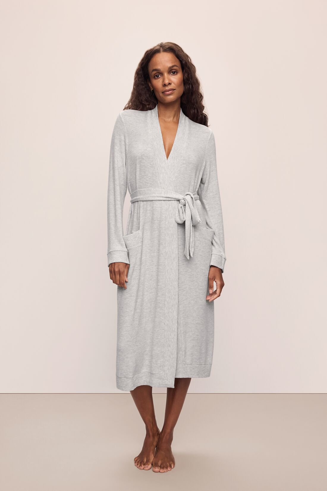 Model wears Cozy Time Robe in Lt. Heather Grey.