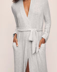 Model wears Cozy Time Robe in Lt. Heather Grey.