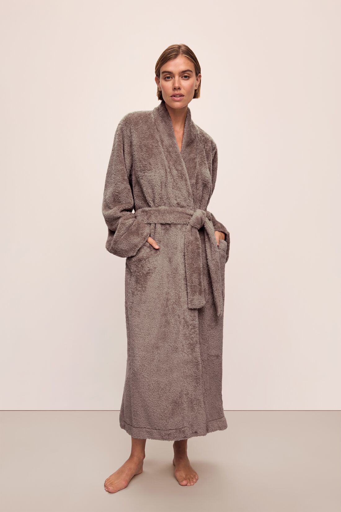 Model in Renew Plush Robe in Toffee